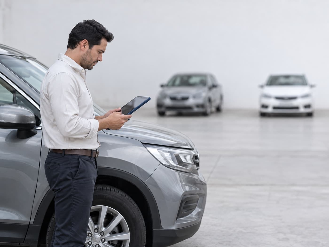 Valuador revisando un auto seminuevo con una tableta